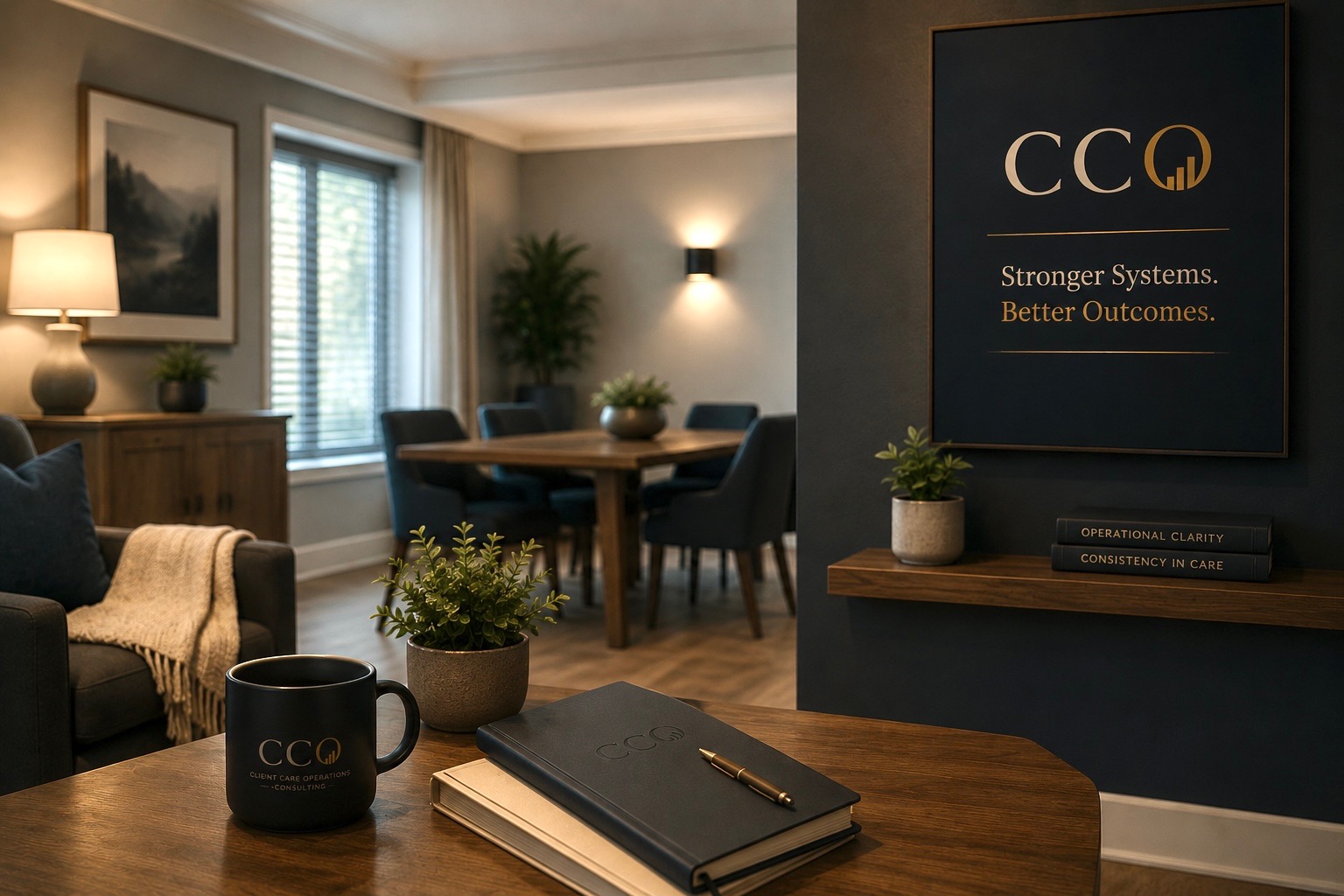 Notebook and mug on a desk, representing calm, structured operational documentation