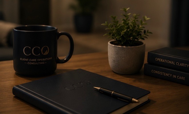 Notebook and mug on a desk, representing calm, structured operational documentation